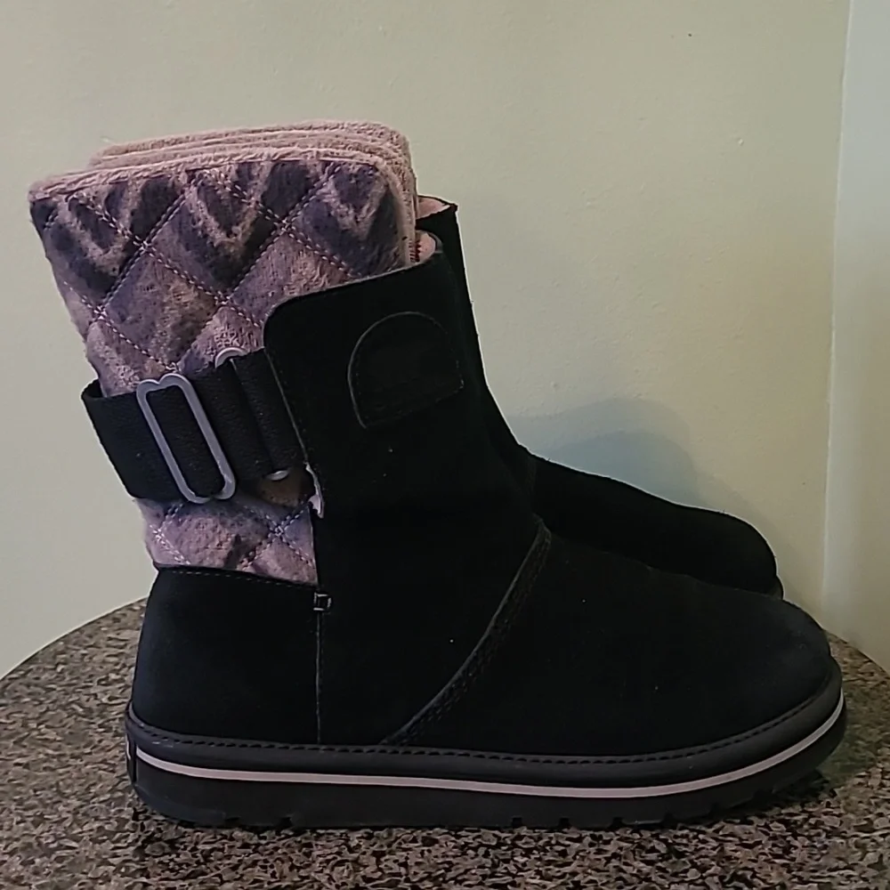 Sorel Newbie Short Boots Black Water-resistant Suede Leather Wmn 8.5 Winter Gray